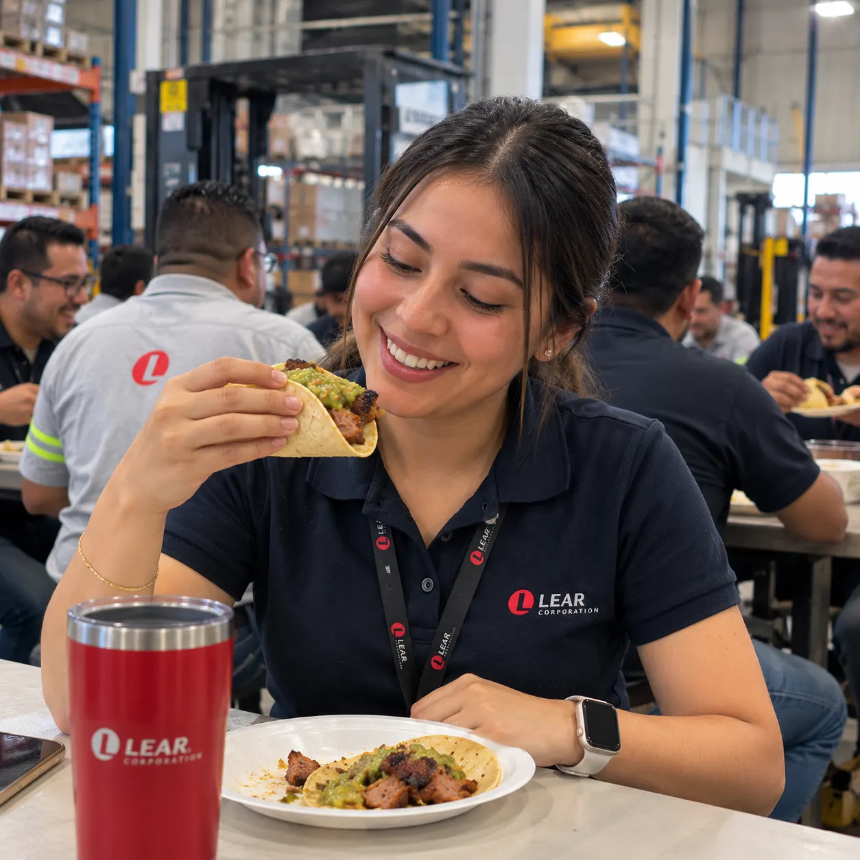 Personas compartiendo tacos durante un almuerzo en la fábrica.