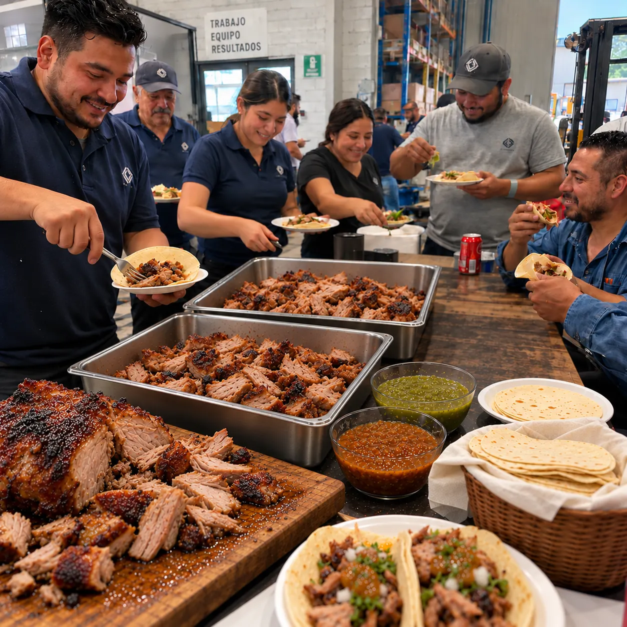 Mesa con cerdo ahumado y tacos para compartir en la fábrica.