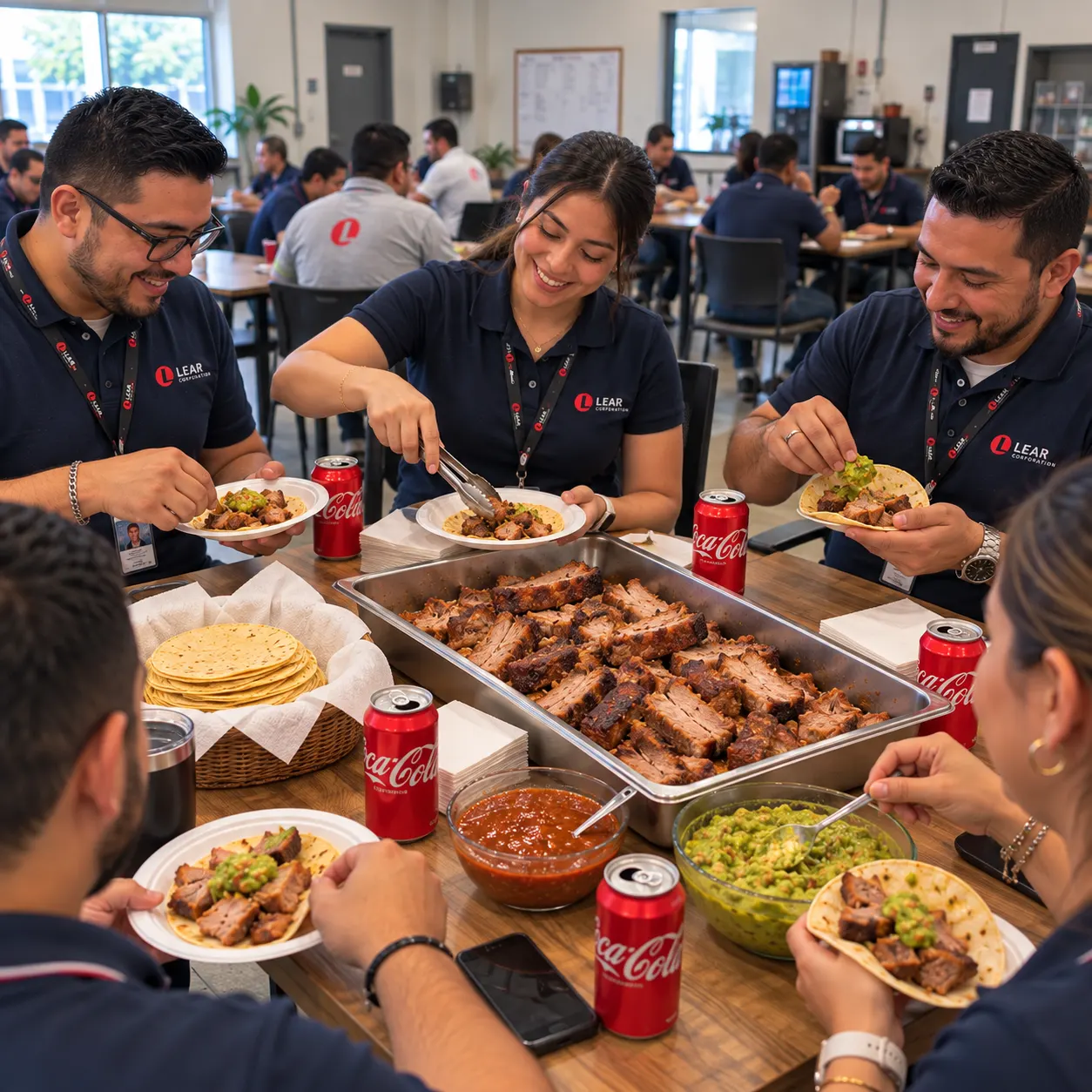 Comida de equipo con tacos y guacamole.