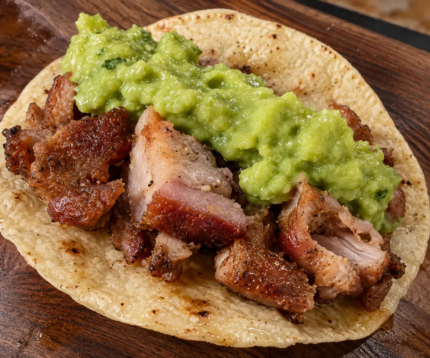 Taco abierto con trozos de cerdo ahumado y abundante guacamole